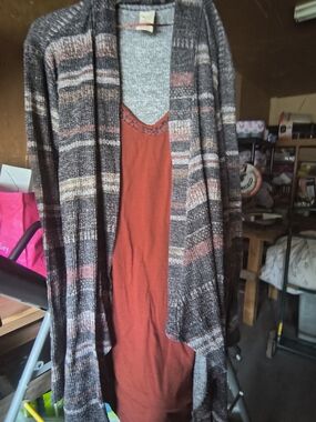 Aeropostale Rust Tank Dress with Striped Brown & Pink Open Cardigan